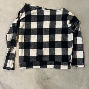 Off shoulder Buffalo plaid shirt.